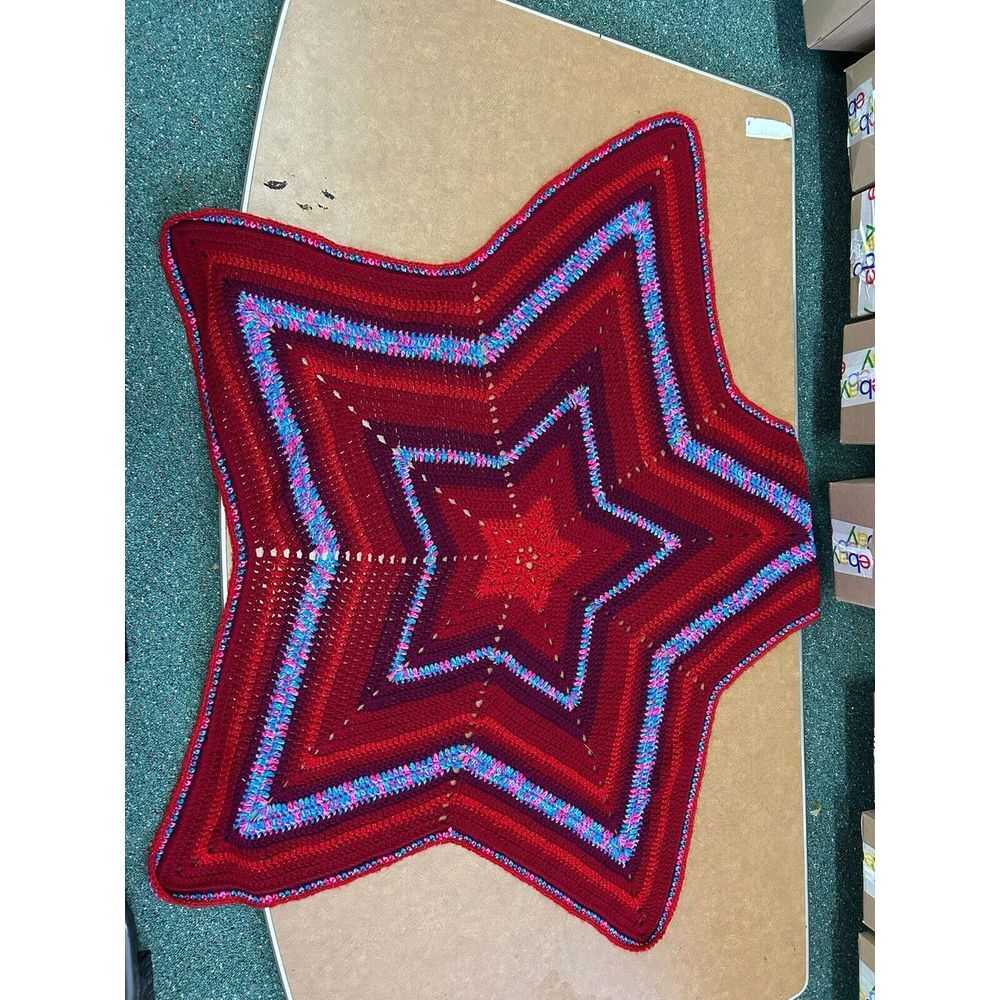 Vintage Crochet Knit Star Shape Afghan Throw Blanket Rug Red And Blue Handmade